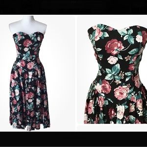 Vtg Floral Dress Sz 9/10 Pink Black Katie Mfg Wire Bodice Sleeveless Retro Midi